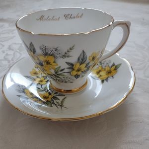 Royal Caulfield Staffordshire England footed cup saucer yellow flower gold trim